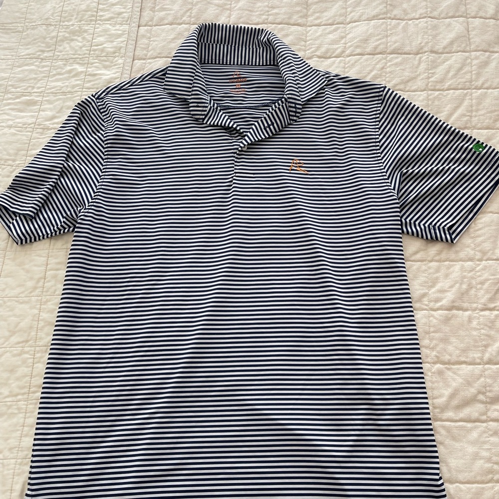 Rhoback Men's Striped Polo Shirt - Navy and White with orange logo size medium